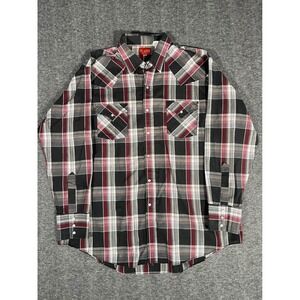 Vintage Ely Plains Western Pearl Snap Shirt Mens XL Black Red Plaid Long Sleeve